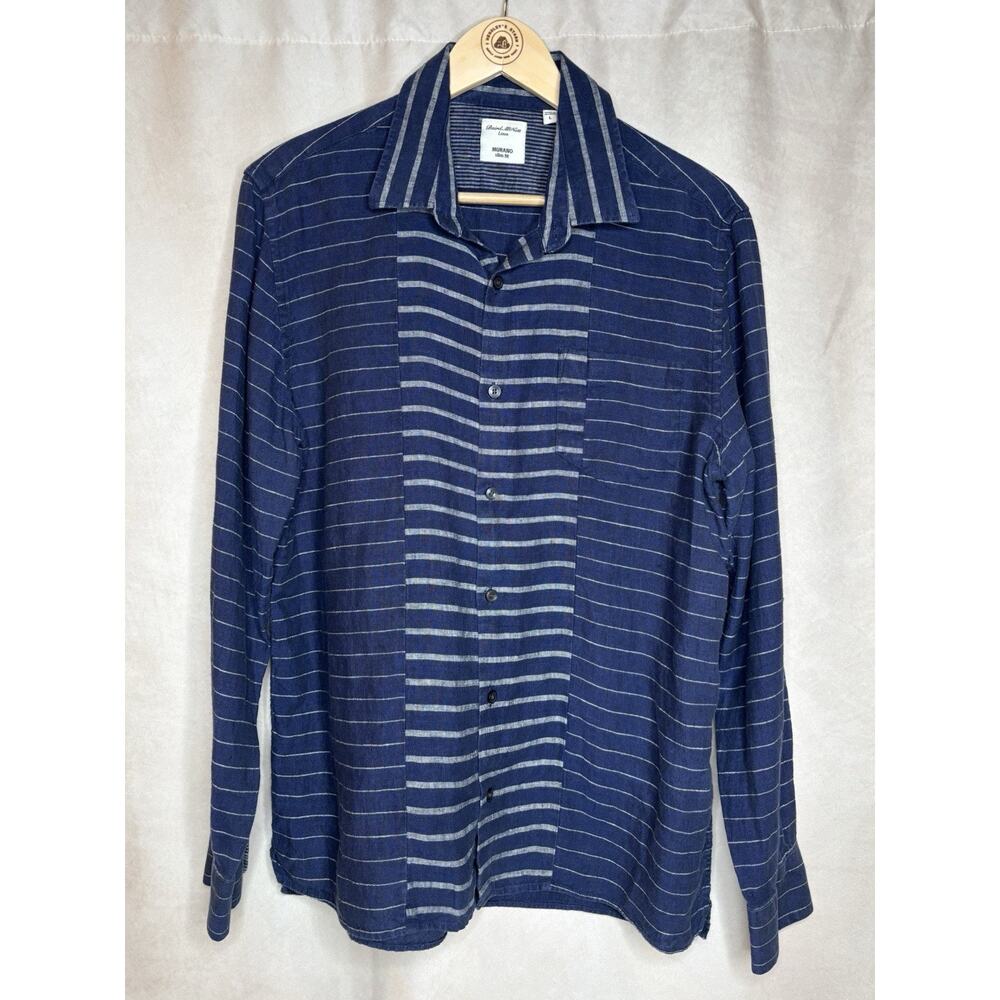Baird McNutt Linen Murano Slim Fit Shirt Blue Stripe Button Down L